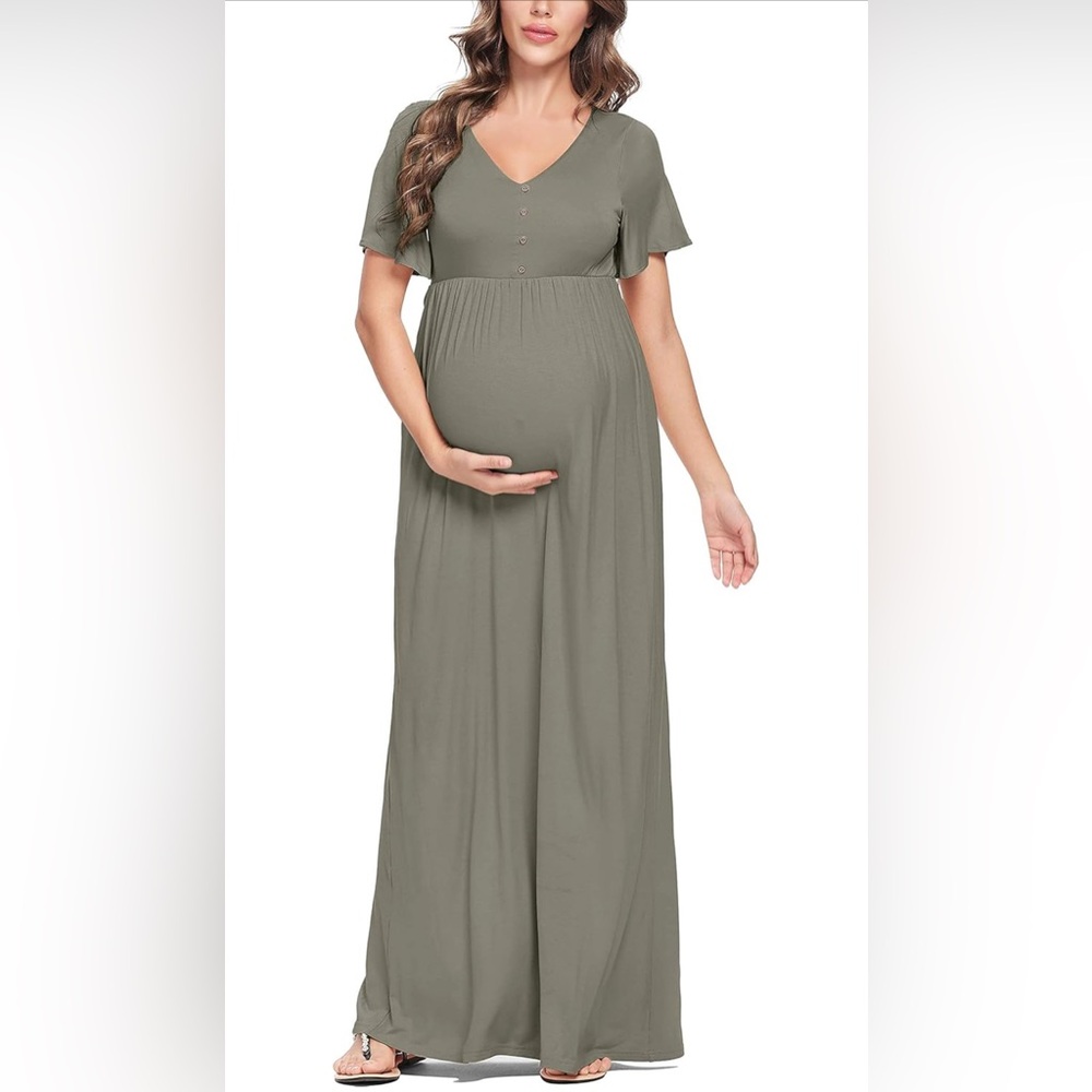 Green Maternity Maxi Dress with Button Detail NWT